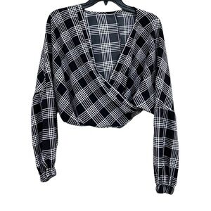 Womens Plaid Wrap Front Cropped Blouse Black & White Long Balloon Sleeve no size